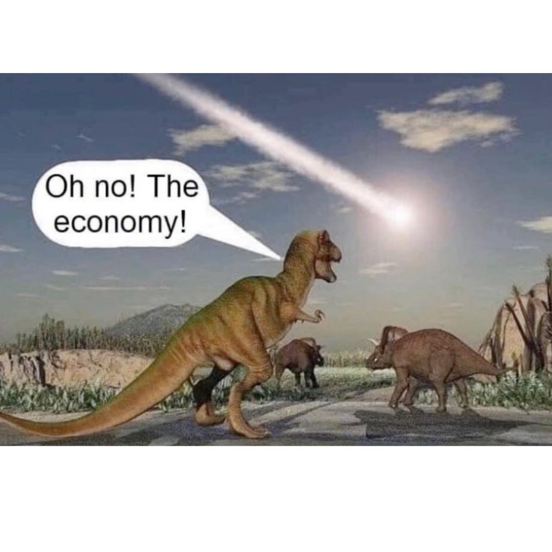 The image is a drawing of a prehistoric landscape with dinosaurs looking at a big fireball in the sky about to crash into earth, and a speech bubble next to one of the dinosaurs says, Oh no! The economy! 