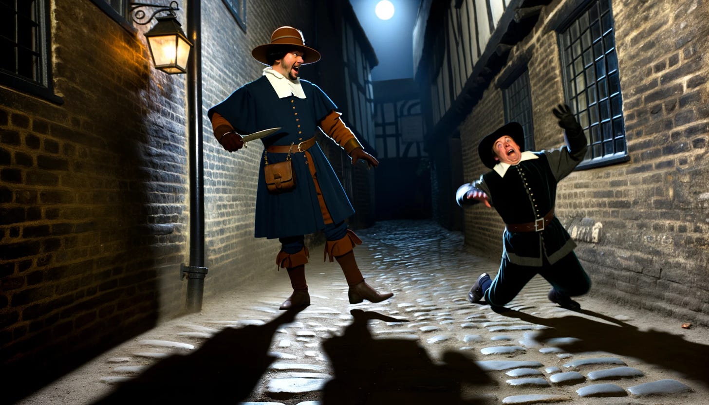 Man falling on his knees in a cobblestone alle with a joyous stabber looking on and holding a fake-looking knife