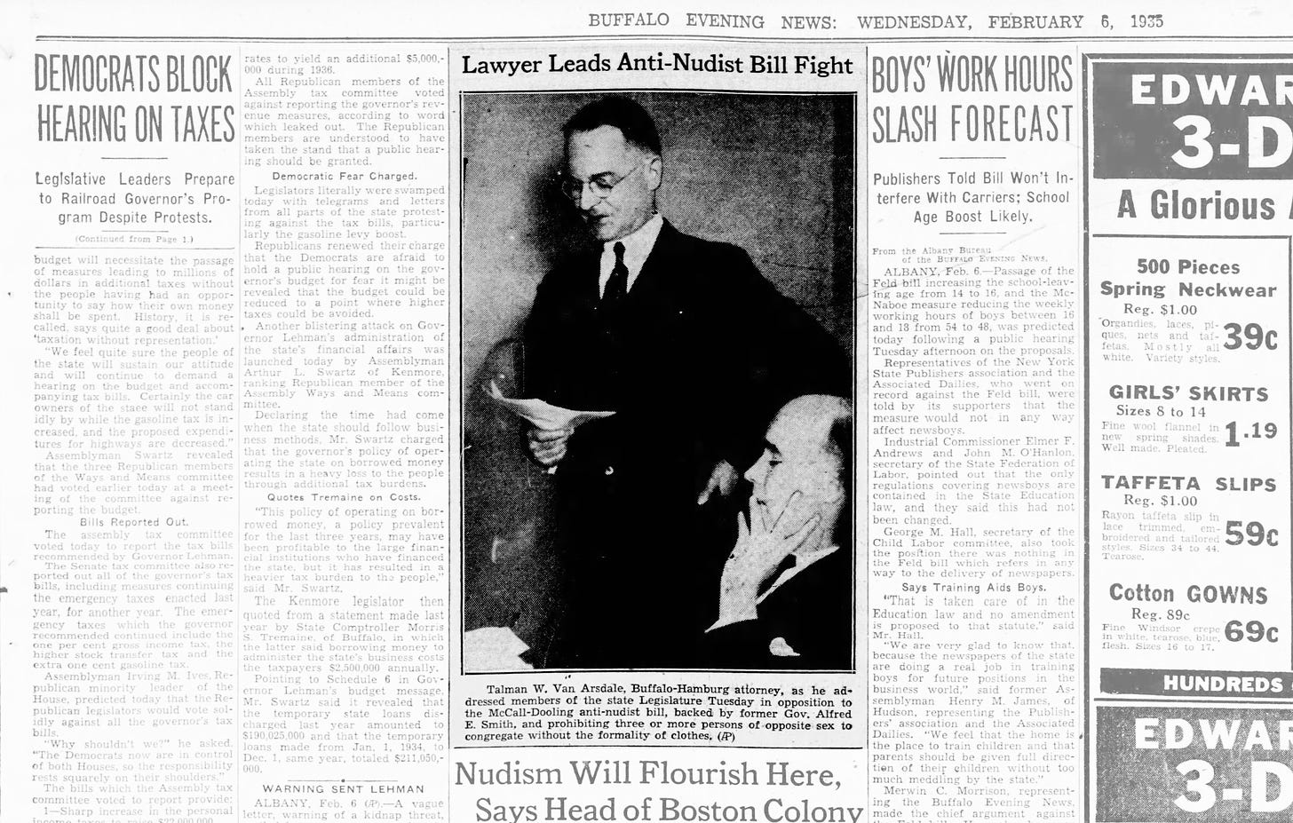 "Lawyer Leads Anti-Nudist Bill Fight" The Buffalo News (Buffalo, New York) · 6 Feb 1935, Wed · Page 9