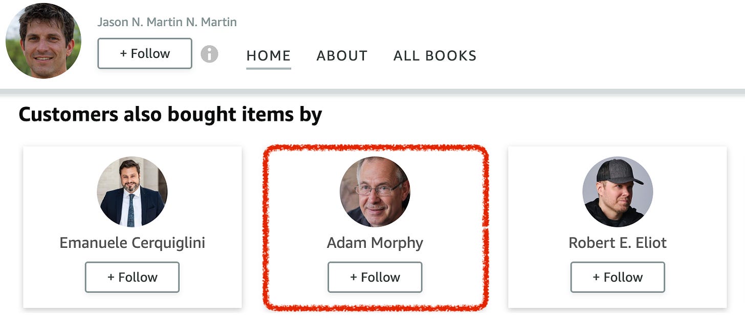 Screenshot of three authors recommended by Amazon when viewing Jason N. Martin N. Martin's author page. One of these authors, Adam Morphy, has a GAN-generated face.