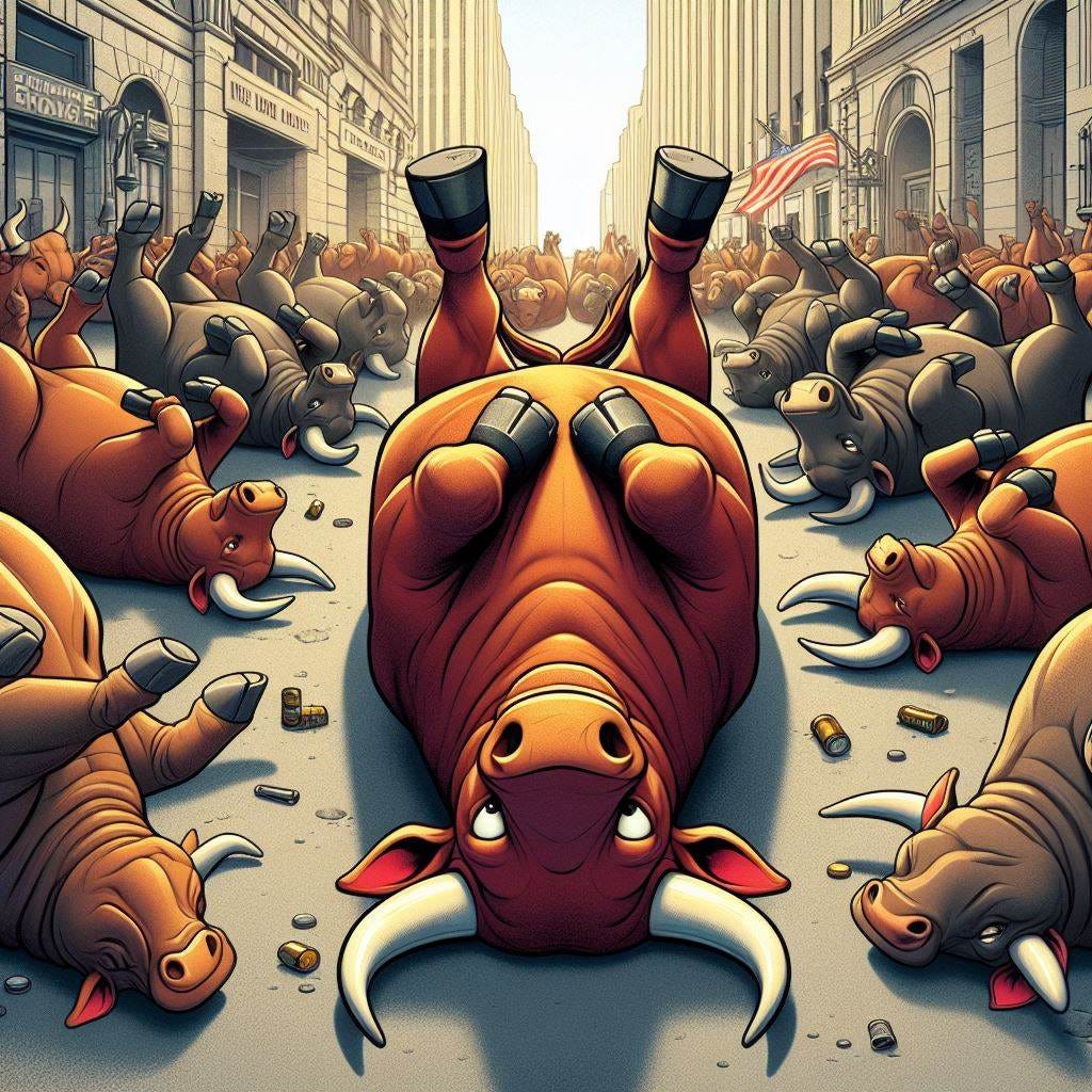 Bulls lying upside down cartoon wallstreet