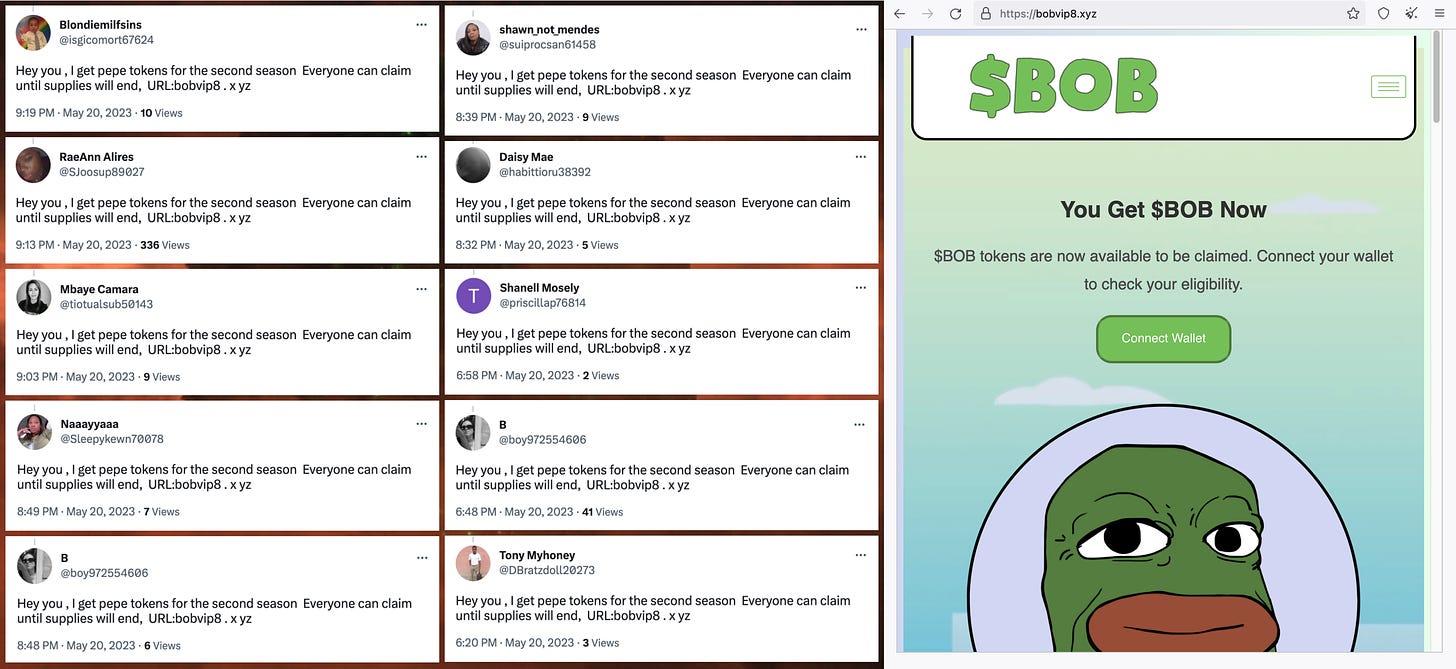 collage of duplicate replies mentioning "pepe tokens for the second season" and a screenshot of bobvip8.xyz