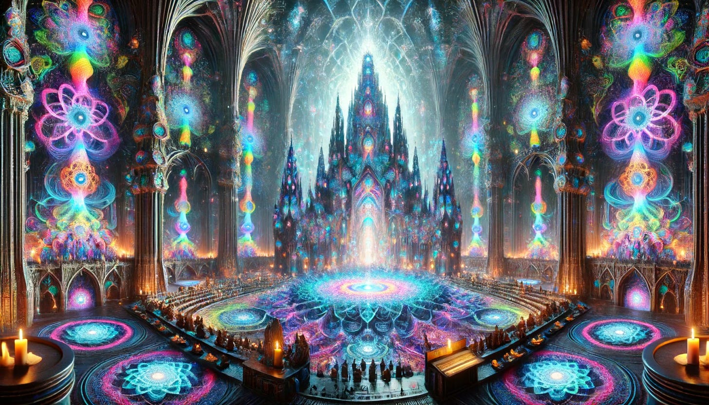 A vast, futuristic cathedral with psychedelic elements, designed to gather all the people of the Earth. The cathedral has towering, intricate spires and domes, with luminous, swirling patterns of vibrant colors like neon blues, purples, and greens. The interior is grand and spacious, with walls and ceilings adorned with fractal-like designs and glowing, otherworldly symbols. The atmosphere is filled with a mystical light, casting an ethereal glow throughout the space. People of diverse backgrounds and cultures are gathered inside, captivated by the cathedral's stunning beauty and spiritual aura.