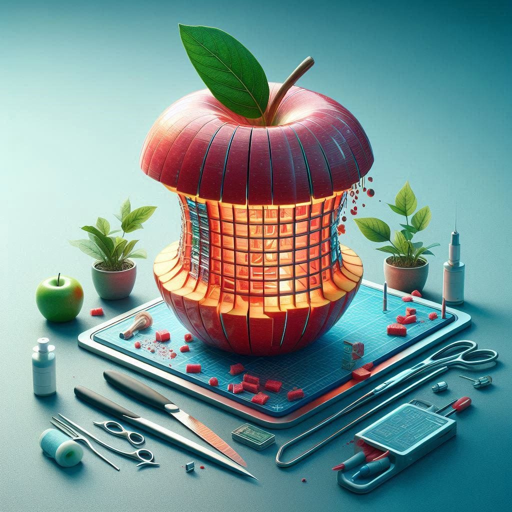 imaginative and hyperrealistic analysis of Apple company, styled as dissecting an apple