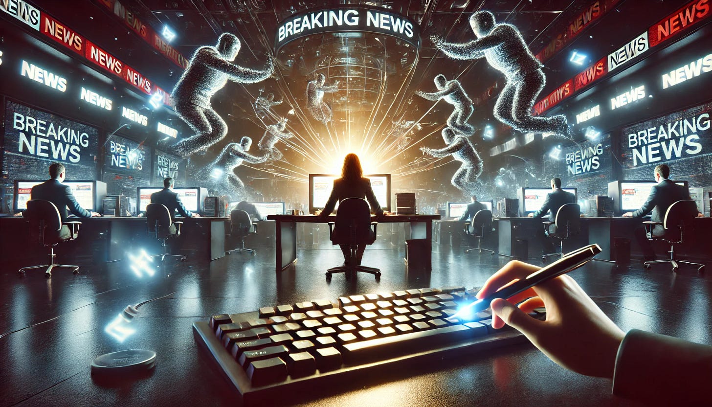 A newsroom illuminated by the glow of monitors displaying breaking news. In the center, a determined journalist types on a keyboard, surrounded by swirling AI-generated propaganda trying to breach the room. The journalist’s tools, like a pen and a microphone, glow with a defiant light, representing the fight for truth. The scene is photorealistic, cinematic, and dramatic, rendered in high detail.