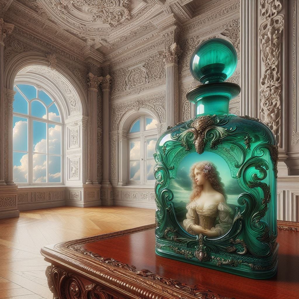 Hyper Realistic Close up in foreground; malachite and glass bottle with a woman inside.On ornate antique rosewood table. inside of Historic architecture in Legnica, Poland. Walls are covered with intricate historical interest.  Trim and embossed framed are light cream and light grey. Ivory details and light blue interest.Window with fluffy clouds and sunny sky.