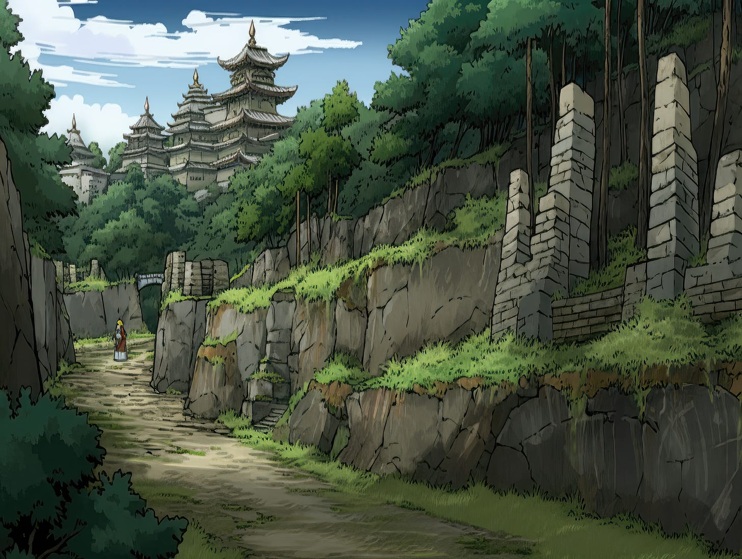 A narrow pathway surrounded by foreboding wilderness, leading to the sanctuary of a city in the distance
