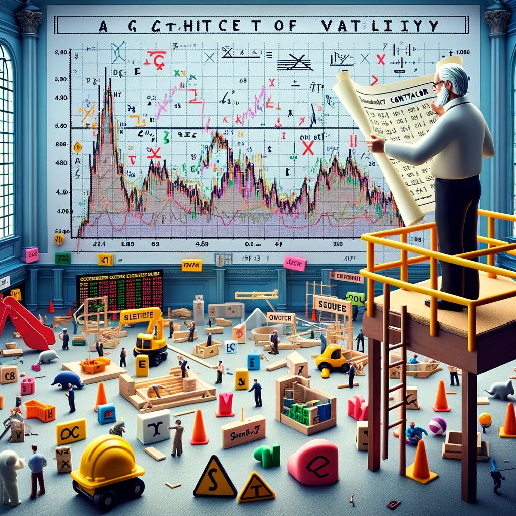 An imaginative scene depicting an 'architect of volatility' in a whimsical, childlike playset style. The architect is studying contractor plans, which are filled with symbols, Greek letters, and mathematical equations, symbolizing a trading strategy. They are standing on a raised platform, looking over a construction site that uniquely blends elements of a stock exchange floor and a construction site. In this playful interpretation, market objects are being moved around like construction materials. The overall scene should have a colorful and creative appearance, reminiscent of a child's playset, with a touch of professional seriousness.