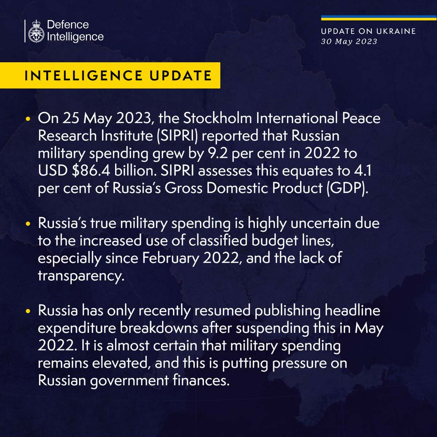 Latest Defence Intelligence update on the situation in Ukraine - 30 May 2023.