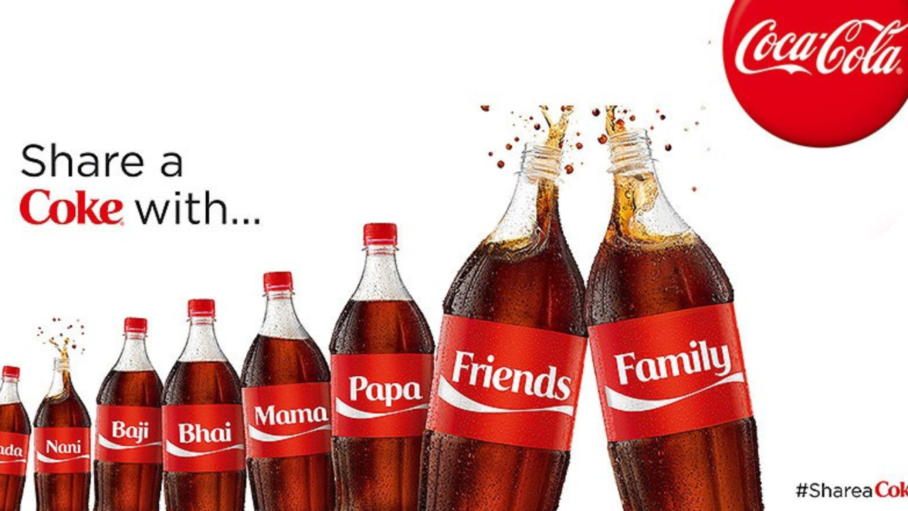 Coca-Cola bottles labeled with various relationship names like Nani, Baji, Bhai, Mama, Papa, Friends, and Family, with the text "Share a Coke with..."