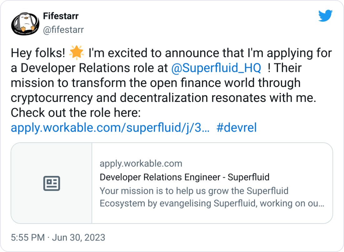  Fifestarr @fifestarr Hey folks! 🌟 I'm excited to announce that I'm applying for a Developer Relations role at  @Superfluid_HQ   ! Their mission to transform the open finance world through cryptocurrency and decentralization resonates with me. Check out the role here: https://apply.workable.com/superfluid/j/343710A5B6/  #devrel