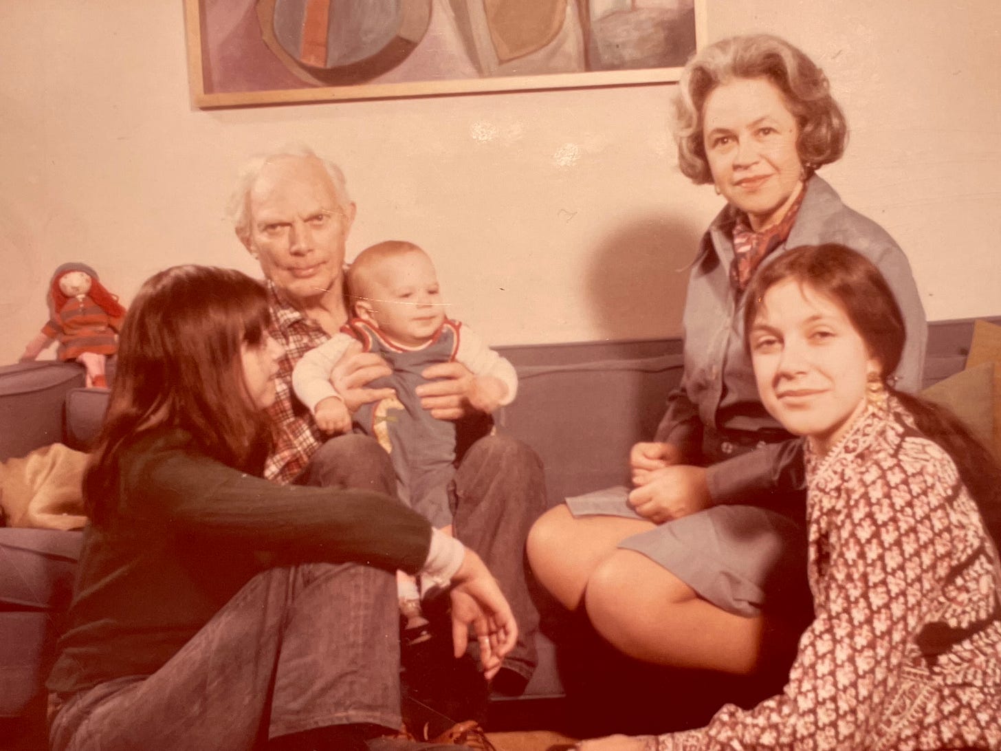 Photo of a family in 1972:  unhappy parents, two young adult daughters (Joyce and rona Maynard), one toddler.