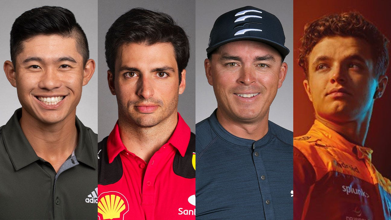 (L-R) Collin Morakawa, Carlos Sainz, Rickie Fowler and Lando Norris split