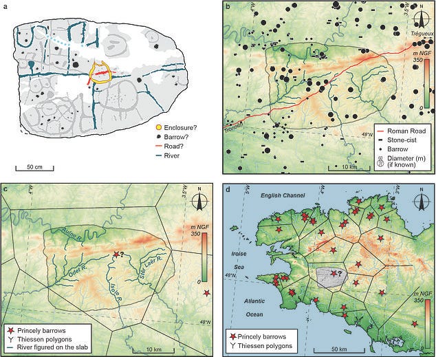 A team of French scientists determined the markings were etched 4,000 years ago and depict an area in Western Brittany, France. Pictured: the team's interpretation of the engravings on the Saint-Bélec Slab (top left) as compared with the early Bronze Age structures known in the Montagnes noires area (top right) and known river and princely barrow features (bottom left). The final map (bottom right) shows the area of France depicted on the map with respect to other barrow locations and their corresponding theorised territories