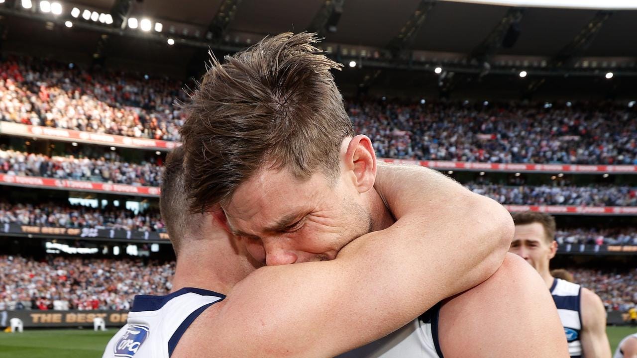 MELBOURNE, AUSTRALIA - SEPTEMBER 24: Joel Selwood (left) and Tom Hawkins of the Cats celebrate during the 2022 Toyota AFL Grand Final match between the Geelong Cats and the Sydney Swans at the Melbourne Cricket Ground on September 24, 2022 in Melbourne, Australia. (Photo by Michael Willson/AFL Photos via Getty Images)