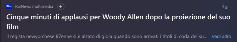 Il titolo dice: "Dieci minuti di applausi per Woody Allen dopo la proiezione del suo film"