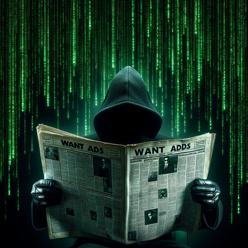 Envision a dark, mysterious scene where a spy, clad in dark clothing, is holding a newspaper. The newspaper is open to a page full of want ads. In the background, a swirl of random green ASCII letters cascades down, reminiscent of the Matrix's iconic digital rain. The entire composition is imbued with dark colors, creating a covert atmosphere. This scene subtly communicates the concept of steganography, hinting at hidden messages within the ordinary-looking want ads, juxtaposed against the backdrop of digital secrets symbolized by the Matrix-style ASCII art.