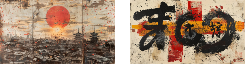 A diptych showing a traditional Japanese scene with a large red sun setting over ancient rooftops paired with a modern abstract depiction of Japanese calligraphy.