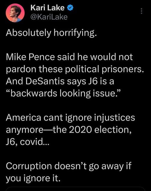 May be an image of 1 person and text that says 'Kari Lake @KariLake Absolutely horrifying. Mike Pence said he would not pardon these political prisoners. And DeSantis says J6 is a "backwards looking issue." America cant ignore injustices anymore- the 2020 election, J6, covid... Corruption doesn't go away if you ignore it.'