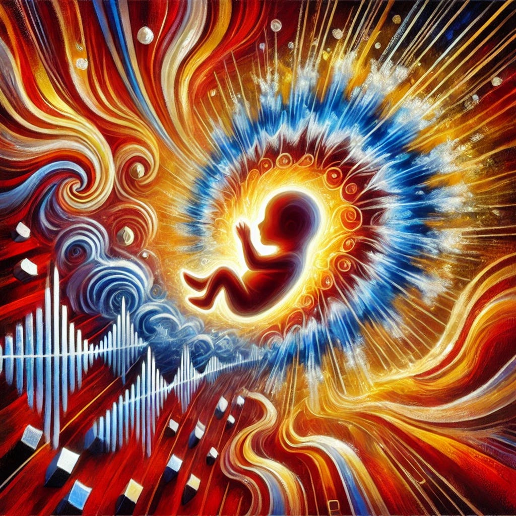 An expressive oil painting focusing on the concept of ultrasound and the fetus, with brighter and more vibrant colors, emphasizing reds alongside gold, blue, and white. The image features an abstract representation of a fetus enveloped by swirling, glowing waves of sound energy, which radiate outward in bold and intense hues. These waves transition into angular, geometric patterns symbolizing ultrasound technology. The background blends warm, radiant tones of red and gold, symbolizing life and vitality, with cooler, metallic accents reflecting the clinical aspect of the technology. The composition is dynamic and rich in texture, creating a dramatic and captivating visual impact, with no human figures.