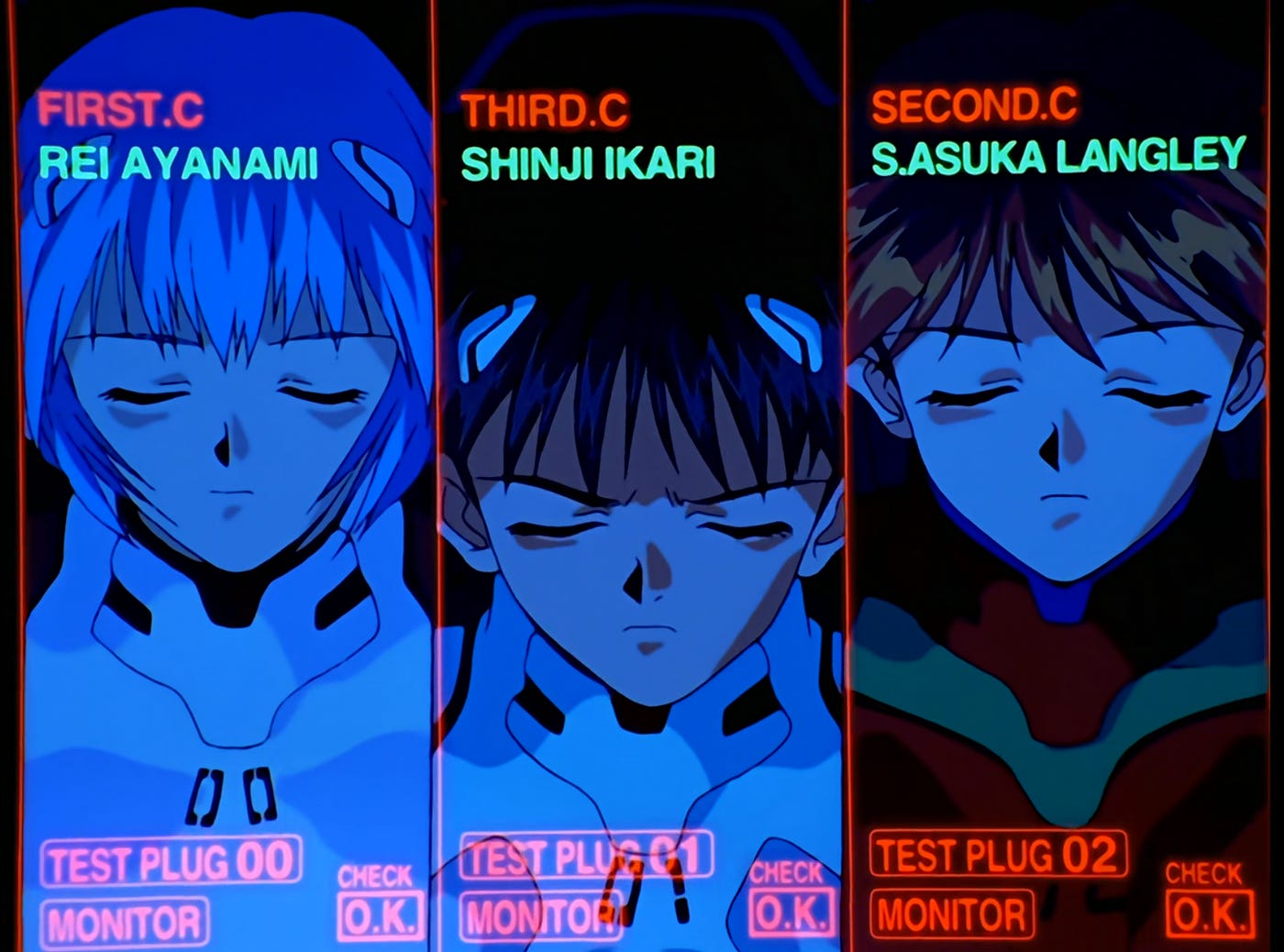 A monitor showing footage of the three pilots performing a connectivity test. The image is divided in three columns, each showing the face of one pilot. They are illuminated in blue lighting, their eyes are closed. Ayanami is on the left, Shinji is in the middle, and Asuka is on the right.