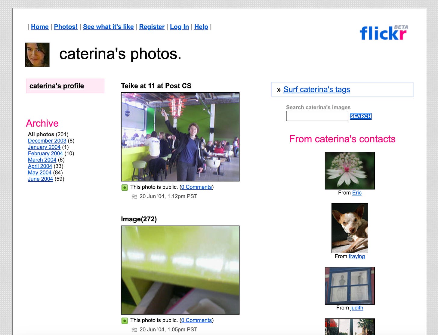 Flickr co-founder Caterina Fake’s Flickr homepage, June 2004