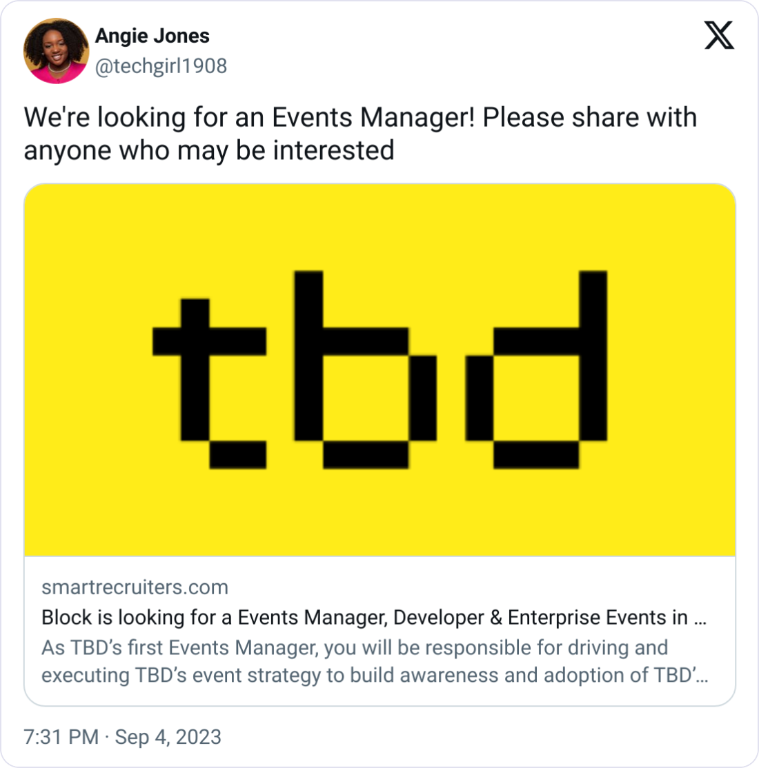  Angie Jones @techgirl1908 We're looking for an Events Manager! Please share with anyone who may be interested smartrecruiters.com Block is looking for a Events Manager, Developer & Enterprise Events in San Francisco, CA, USA As TBD’s first Events Manager, you will be responsible for driving and executing TBD’s event strategy to build awareness and adoption of TBD’s 