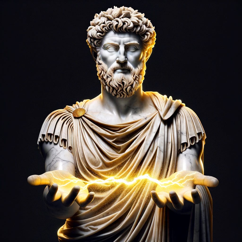 A marble statue of Marcus Aurelius on a black background, standing with his arms extended forward and palms facing each other. A powerful, shimmering golden current, resembling a bold electric bolt, is running between his palms. The statue should be detailed, capturing the Roman attire and a thoughtful expression.