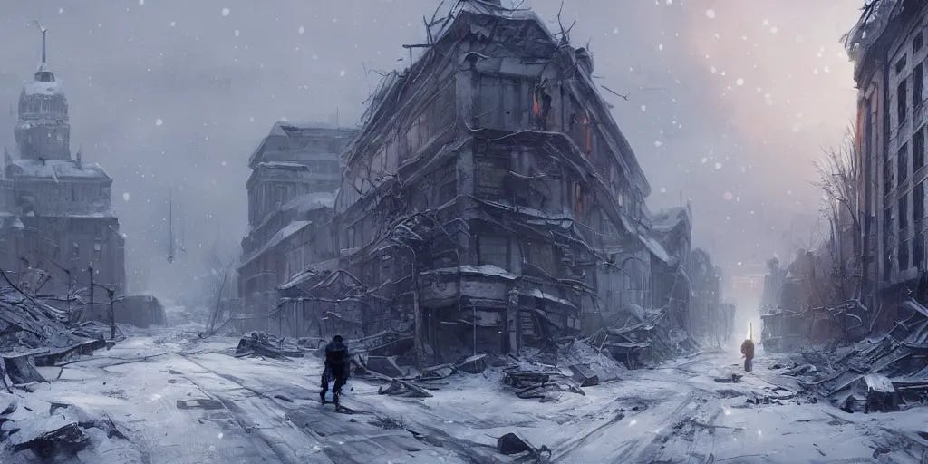 Prompt: An abandoned, post-apocalyptic Helsinki, by Greg Rutkowski, snowy in december, buildings in ruins. 