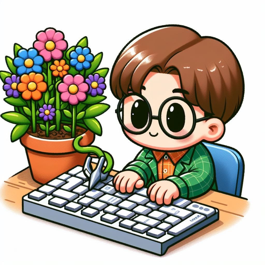 un jardinier de style cartoon avec des cheveux bruns très courts et des lunettes qui fait pousser des fleurs sur un clavier d'ordinateur