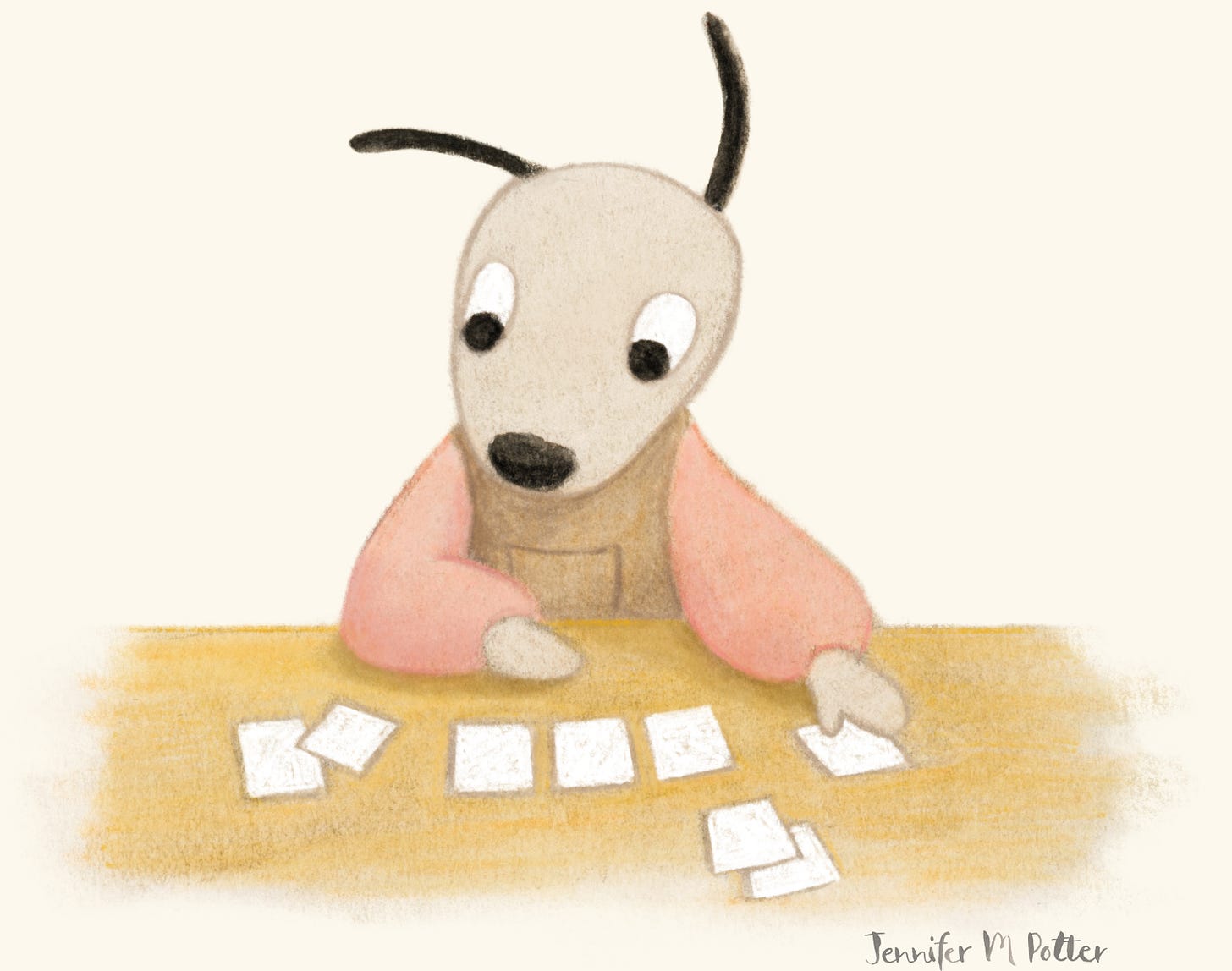 Illustration by Jennifer M Potter of a dog sorting through squares of paper