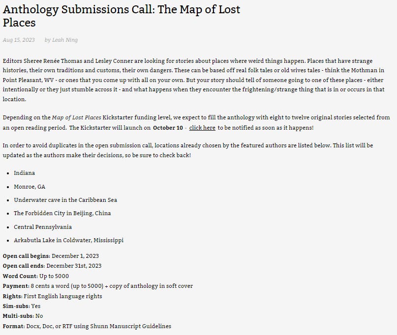 A screenshot illustrating the call for submissions to The Map of Lost Places, edited by Sheree Renée Thomas and Lesley Conner, which is open from December 1 to December 31 2023 to short stories up to 5,000 words.