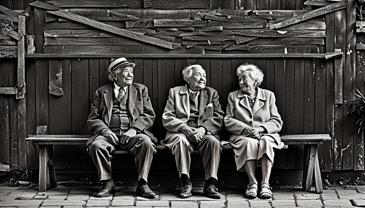 3 old people sitting on a bench