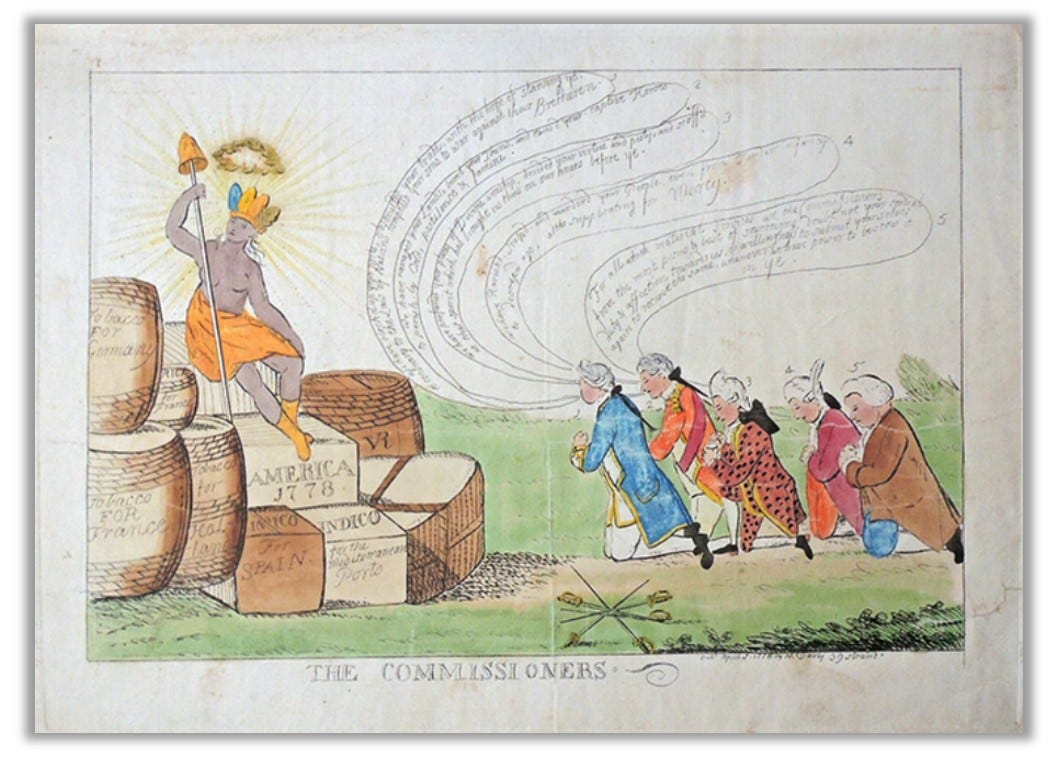 British political cartoon: The Commissioners, April 1, 1778. London Published by M. Darly 