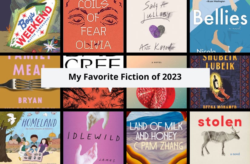 Small cover images of 12 of the listed books surrounding the text: My Favorite Fiction of 2023.