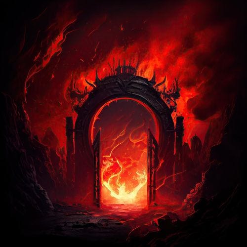 Photo redhot burning gate of hell in underworld