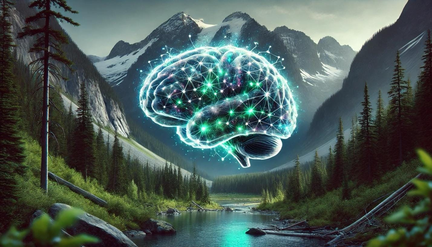 A digital art of a brain surrounded by mountains

Description automatically generated