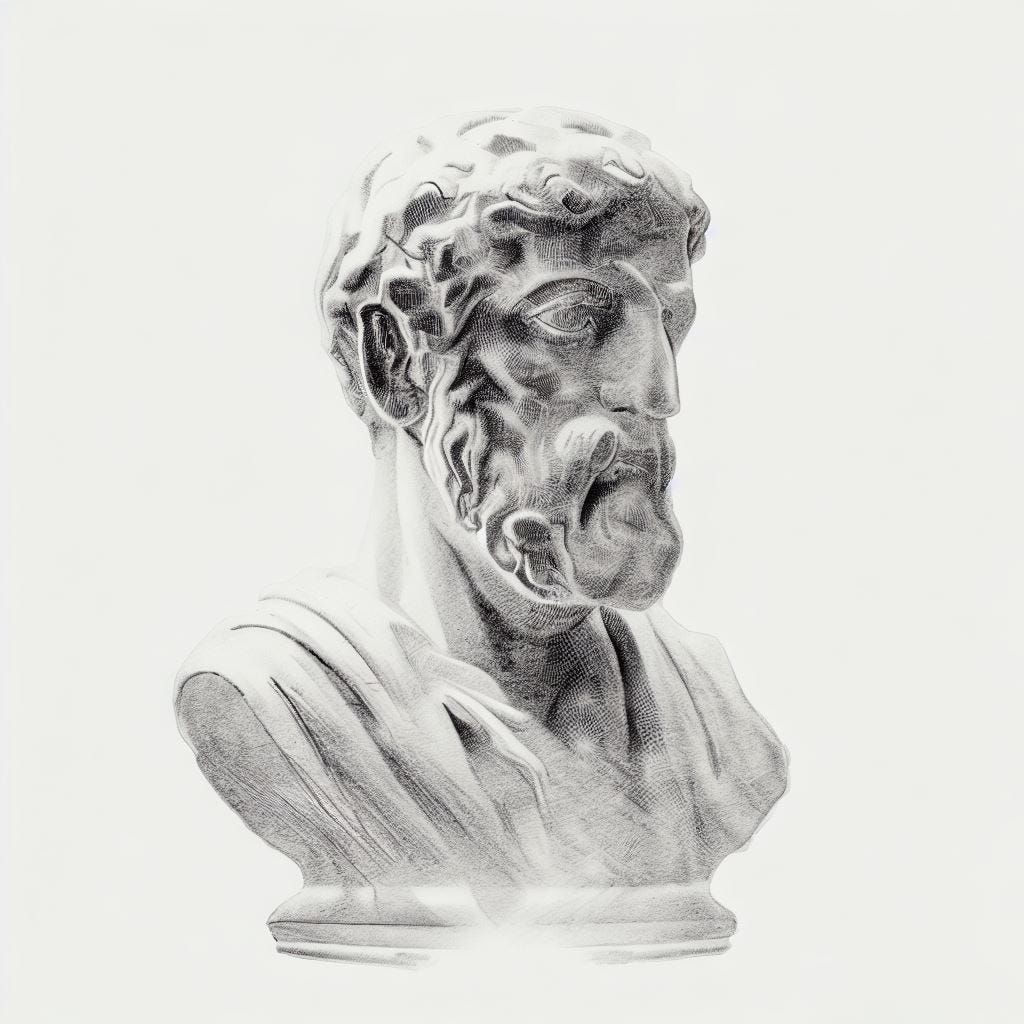 a marble bust of Aristotle, in a minimal handmade drawing style, use light pencil etchings, white background