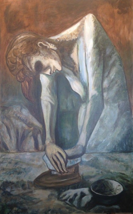 Oil painting copy after Picasso's Woman Ironing, a tall, thin woman bending over ironing fabric.