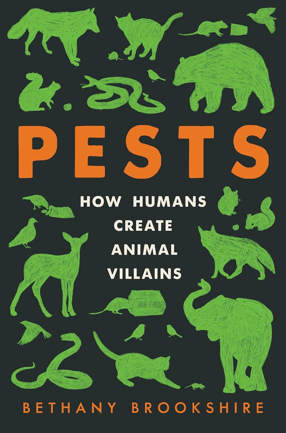 The cover of Pests has silhouettes of many different animals from snakes to elephants, squirrels to foxes, cats and birds