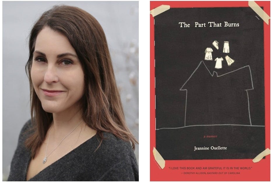 Episode 1 guest Jeannine Ouellette (left) and her memoir, The Part that Burns (right)