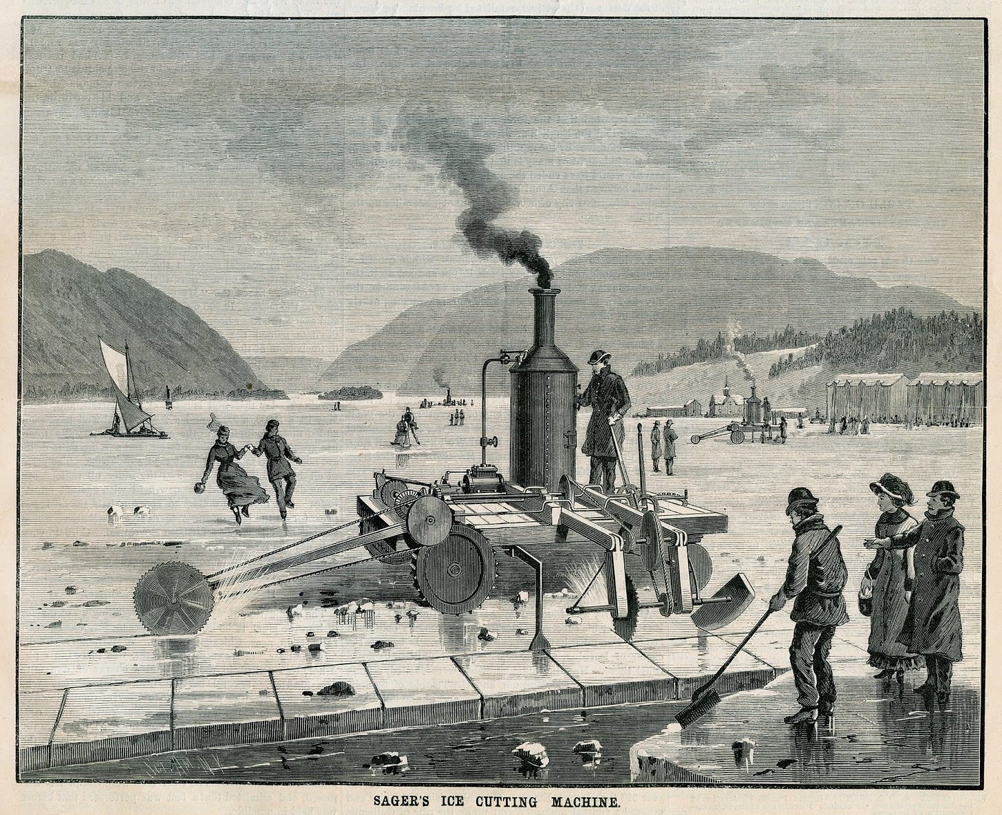Engraving showing two Sager Ice Cutting Machines.  Source: Scientific American, July 22, 1882 [front page].