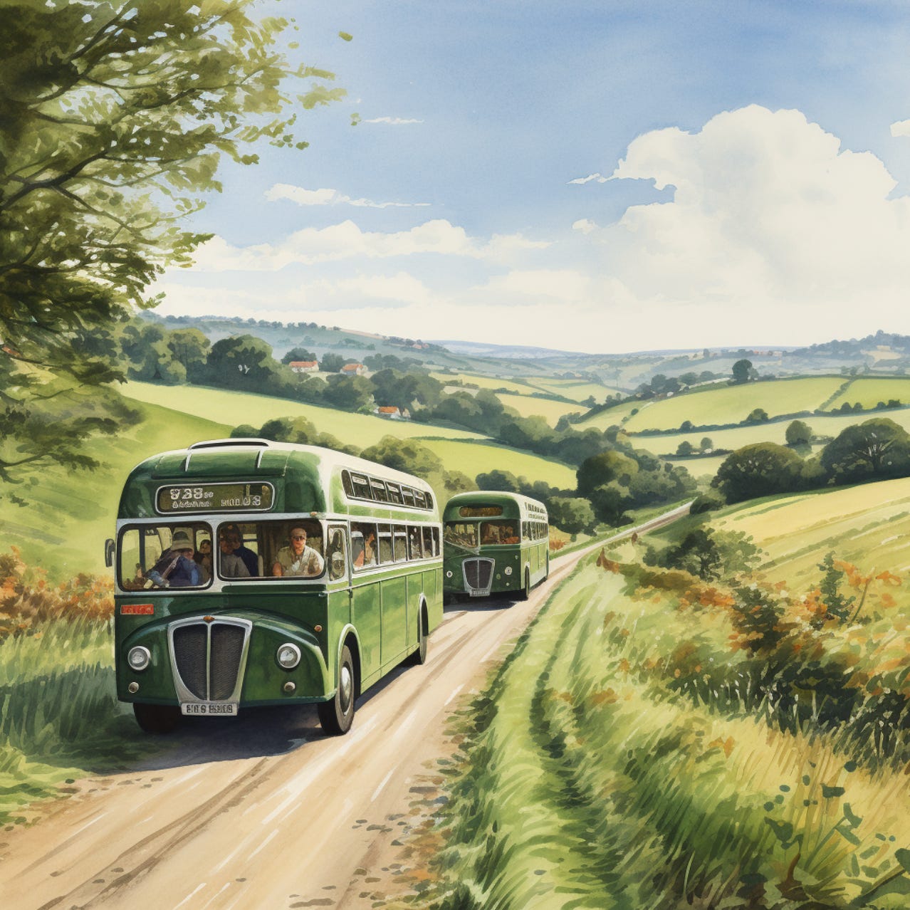 water color or two large tour buses navigating a narrow Cotwolds' road