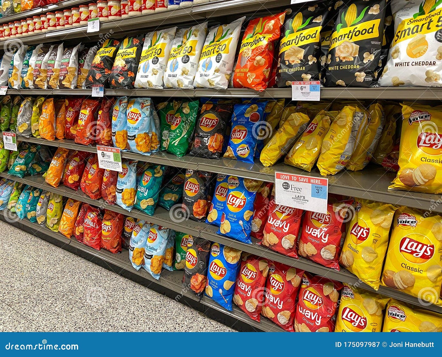 A display of Lays potato chips on a display shelf of a Publix Grocery Store