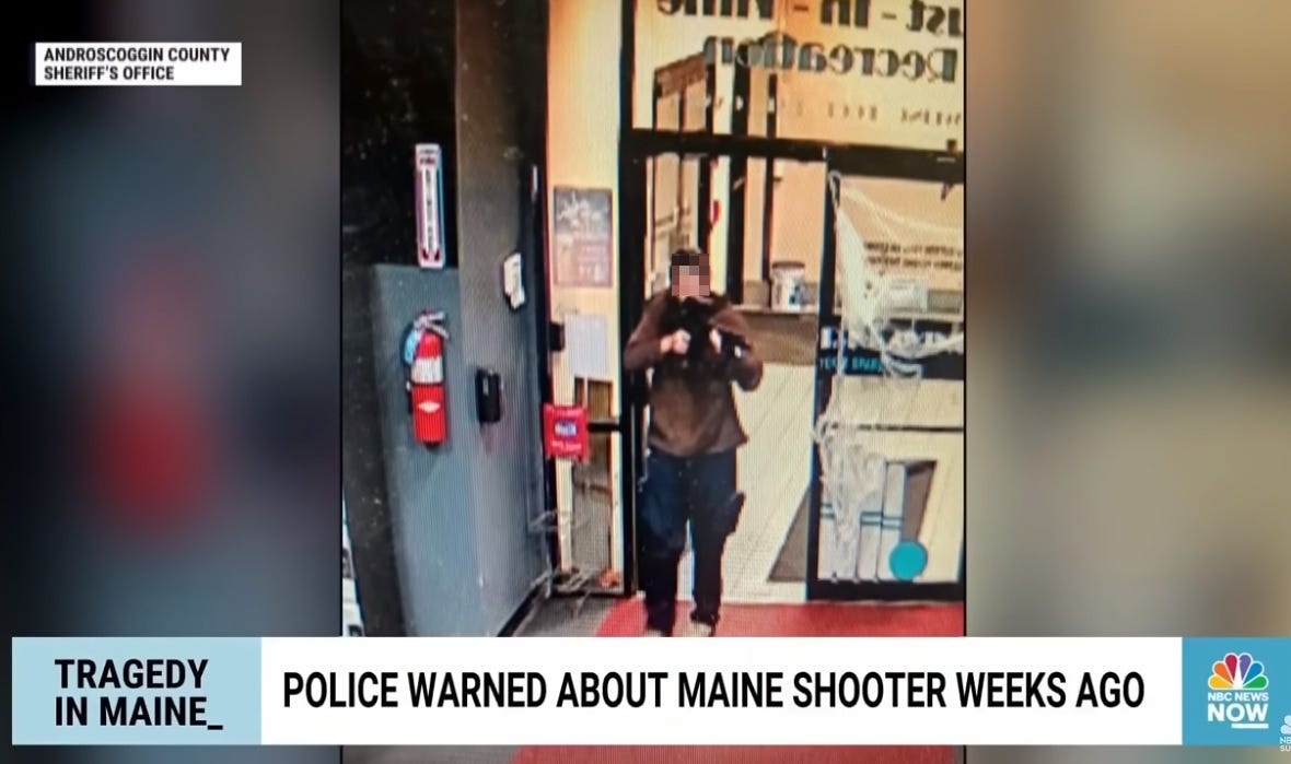NBC News chyron: 'Police warned about Maine shooter weeks ago' with surveillance photo of shooter holding gun.