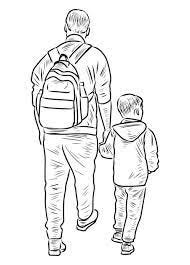 Desenho de contorno do pai com seu filho pequeno caminhando para passear  juntos | Vetor Premium