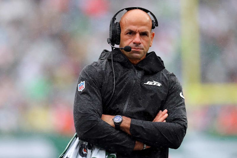 EAST RUTHERFORD, NEW JERSEY - SEPTEMBER 29: Head coach Robert Saleh of the New York Jets looks on against the Denver Broncos during the first half at MetLife Stadium on September 29, 2024 in East Rutherford, New Jersey. (Photo by Mike Stobe/Getty Images)