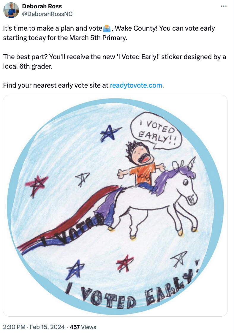 Tweet: It's time to make a plan and vote🗳️, Wake County! You can vote early starting today for the March 5th Primary.  The best part? You'll receive the new 'I Voted Early!' sticker designed by a local 6th grader.  Find your nearest early vote site at http://readytovote.com.