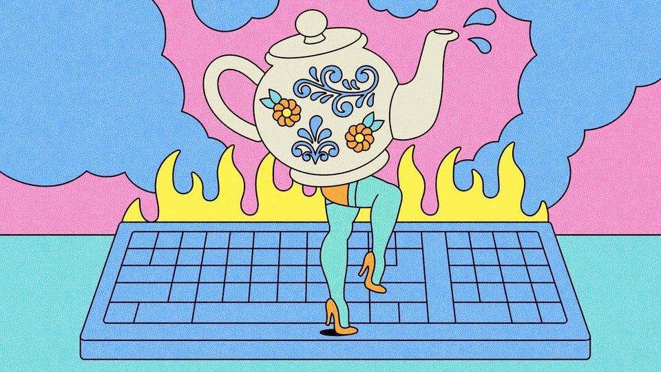 A teapot with legs dancing on a keyboard