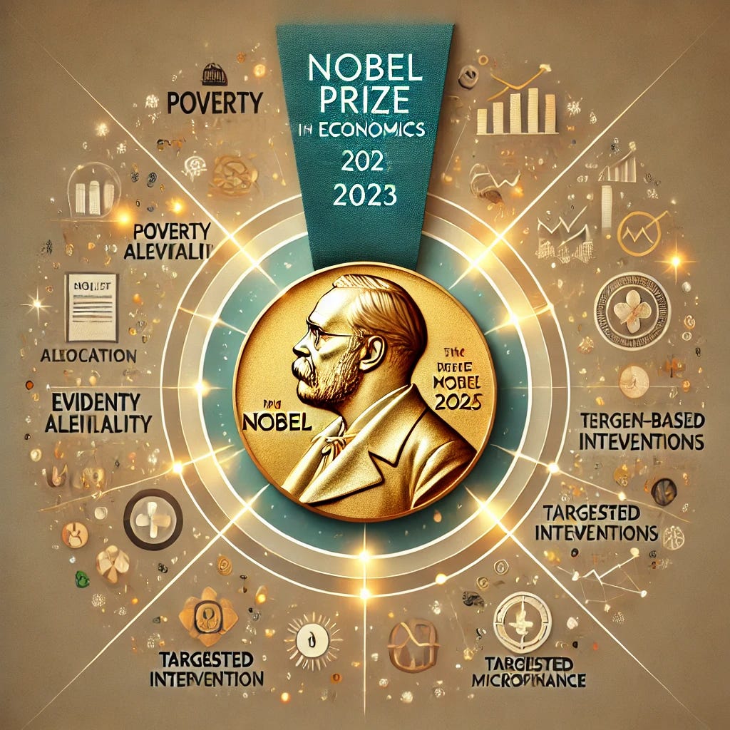 A professional and informative illustration representing the Nobel Prize in Economics 2023 focused on poverty and inequality. The image features a Nobel Prize medal in the center with beams of light highlighting key concepts like 'Poverty Alleviation,' 'Evidence-Based Research,' and 'Targeted Interventions.' Around the medal, icons like a book (for education), a health symbol (for health initiatives), and a coin (for microfinance) represent the interventions studied by the laureates. The background is subtle with warm tones like gold, blues, and greens, creating a sense of importance and optimism.